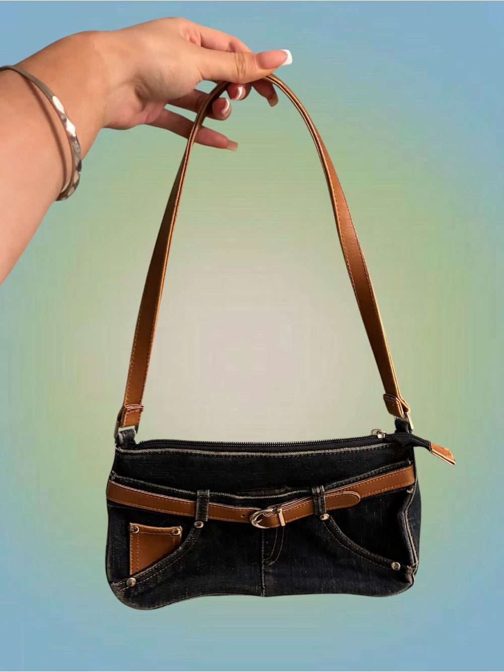 Denim Mini Shoulder Bag with Brown Trim